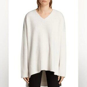 All Saints Clea V-neck Long Sleeve Oversized Jumper Sweater White Size XS